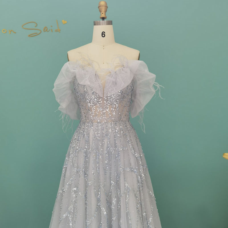 Luxury Dubai Feather Silver Evening Dresses Elegant Long Gold Lilac Women Formal Party Dress for Wedding Guest