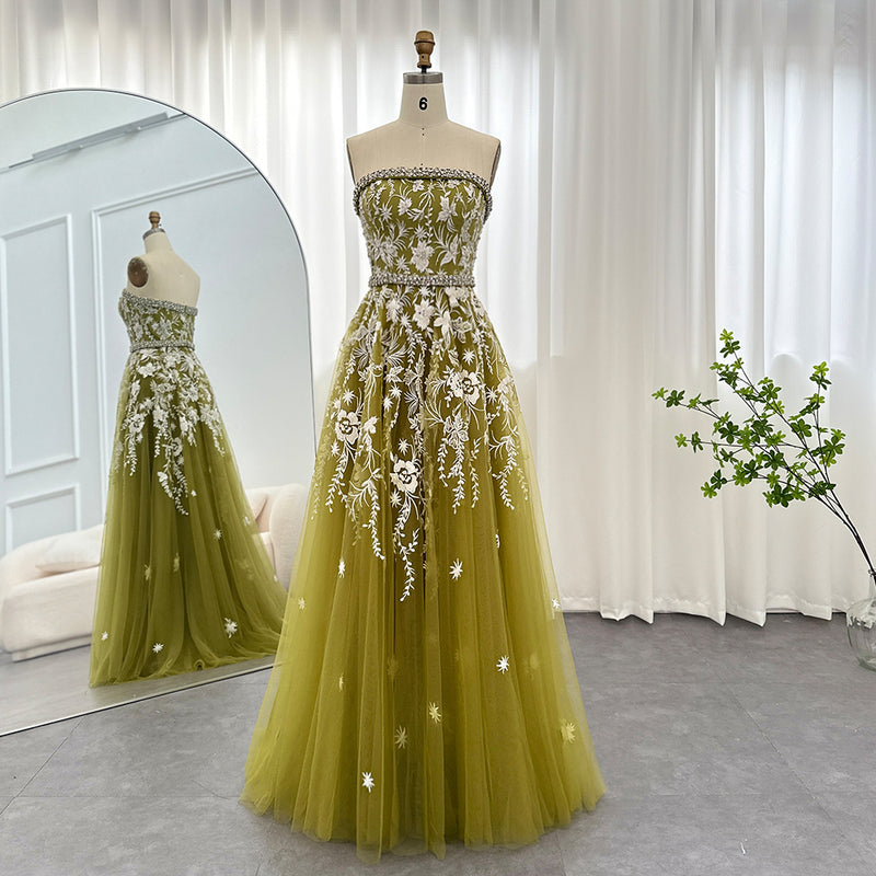 Olive Green Luxury Dubai Evening Dresses for Women Wedding Party Elegant Arabic Strapless Formal Prom Gowns