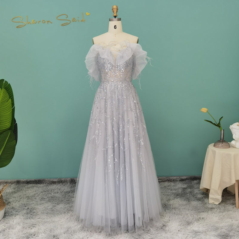 Luxury Dubai Feather Silver Evening Dresses Elegant Long Gold Lilac Women Formal Party Dress for Wedding Guest