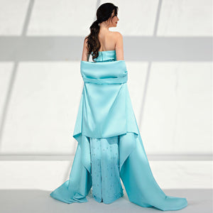 Luxury Dubai Pearls Mint Blue Evening Dresses with Cape 2023 Sage Elegant Women Wedding Formal Party Gowns