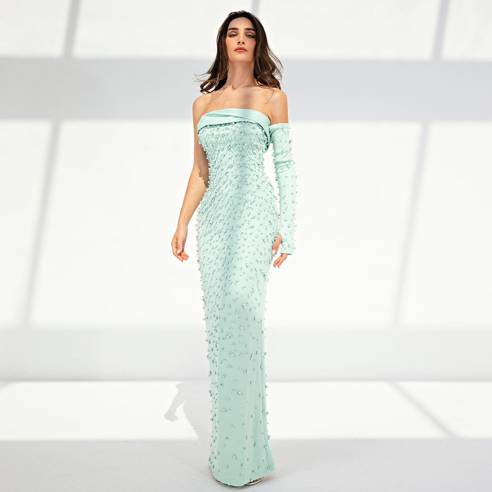 Luxury Dubai Pearls Mint Blue Evening Dresses with Cape 2023 Sage Elegant Women Wedding Formal Party Gowns