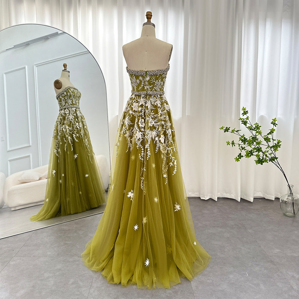 Olive Green Luxury Dubai Evening Dresses for Women Wedding Party Elegant Arabic Strapless Formal Prom Gowns