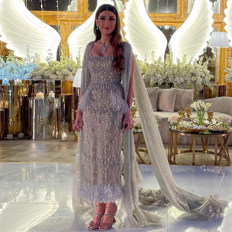 Bling Gray Mermaid Arabic Evening Dress with Cape Luxury Feather Crystal Dubai Prom Formal Dresses for Women Wedding Party Gowns