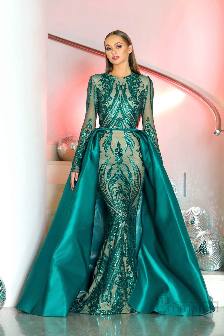 Emerald Sequins Long Sleeve Mermaid Evening Dresses 2022 Elegant Prom Dress Detachable Skirt Saudi Arabia 2 Pieces Formal Gowns