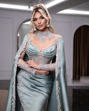 Saudi Arabic Evening Dress High Neck Long Sleeve Appliques Luxury Dubai Prom Dress Slit Satin Evening Party Gowns