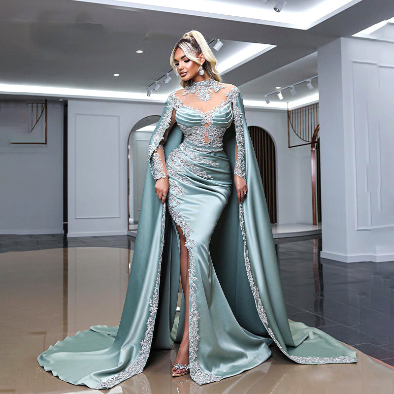 Saudi Arabic Evening Dress High Neck Long Sleeve Appliques Luxury Dubai Prom Dress Slit Satin Evening Party Gowns