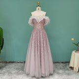 Luxury Beaded Feather Gold Evening Dresses 2022 Dubai Elegant Long Silver Lilac Women Formal Party Dress for Wedding