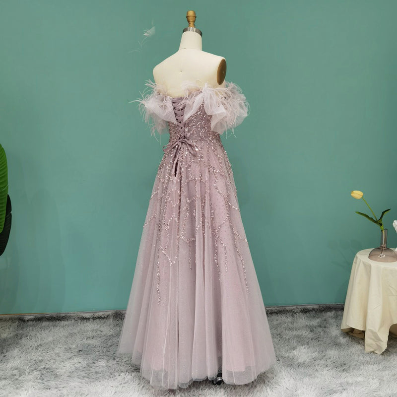 Luxury Beaded Feather Gold Evening Dresses 2022 Dubai Elegant Long Silver Lilac Women Formal Party Dress for Wedding
