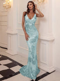 Missord V Neck Mermaid Sequins Prom Dresses Backless Party Dresses