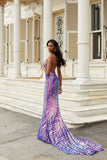 Sexy V-Neck Mermaid Purple Sequins Prom Dresses Backless Party Dresses