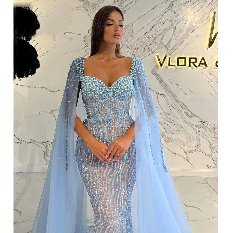 Dubai Luxury Sexy Evening Dresses 2022 Sky Blue Mermaid Shawl Yarn Prom Formal Gown