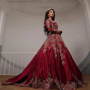 2022 Vintage Arabic Moroccan Caftan Evening Dress Long Sleeve Dark Red Satin Lace Appliques Saudi Arabia Prom Party Gown
