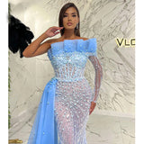 Sky Blue Arabic Mermaid Elegant One Shoulder Evening Dresses Gowns 2022 Luxury Pearls Beaded Party