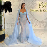 Dubai Luxury Sexy Evening Dresses 2022 Sky Blue Mermaid Shawl Yarn Prom Formal Gown