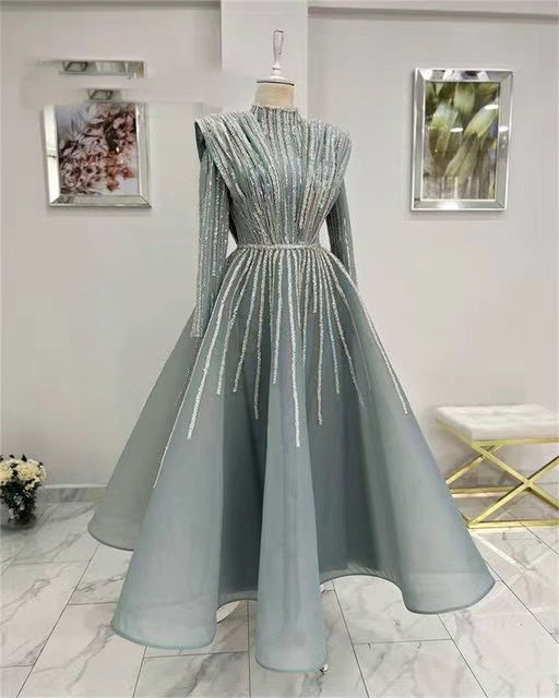 Luxury Dubai Muslim Prom Dresses Long Sleeve Party Dress 2022 Beaded Evening Gowns High Neck A Line Turkey فساتين السهرة robe