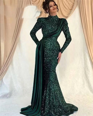 Dark Green Sequin Muslim Evening Dress Long Sleeves Elegant Dresses Women For Wedding Party Dubai Kaftan Arabic Prom Gown