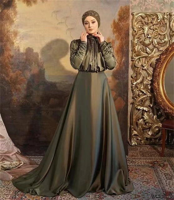 Satin Muslim Evening Dresses 2022 Beaded Women Dress For Party And Wedding Long Sleeve Dinner Gown High Neck A Line Dubai Kaftan