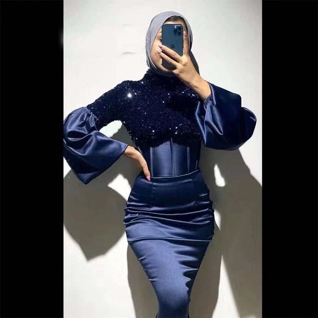 Navy Blue Dubai Muslim Evening Dress Long Sleeves Turkey Beaded Party Dresses Mermaid Formal Gown robe de soirée femme