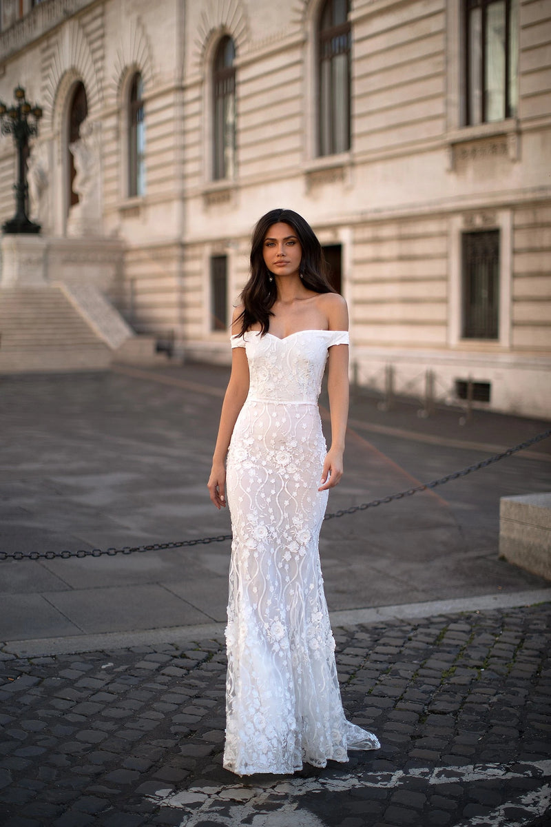 Appliques White 3D Flowers Lace Mermaid Prom Dresses Party Dresses