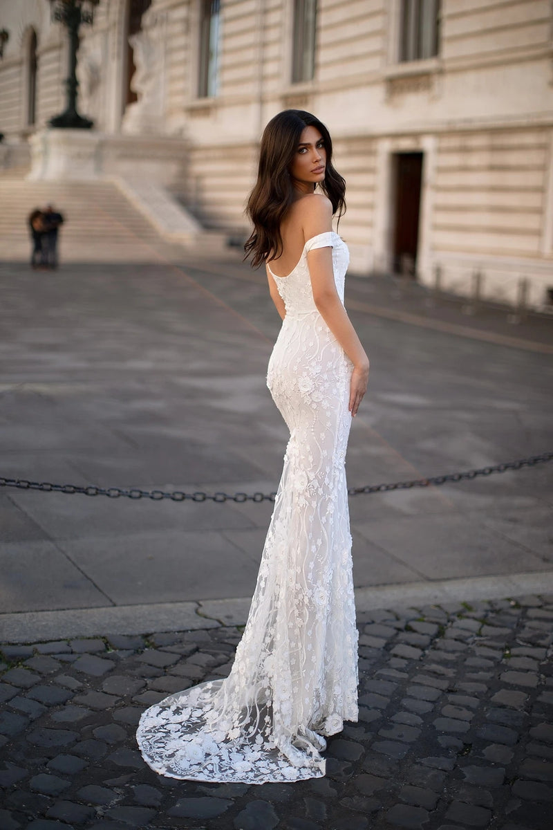 Appliques White 3D Flowers Lace Mermaid Prom Dresses Party Dresses