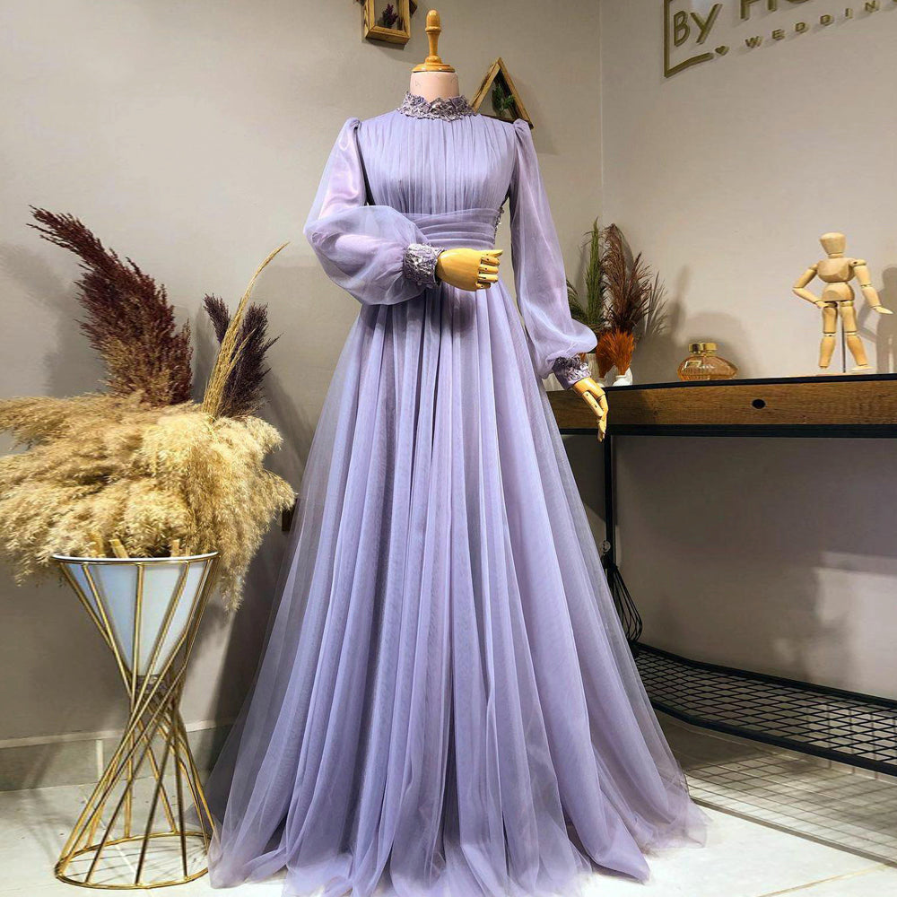 Lavender Dubai A-Line Wedding Evening Dresses Muslim 2022 Vintage Tulle Long Sleeves Formal Prom Party Gowns