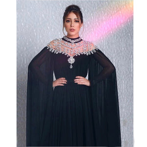 Black Muslim Evening Dresses 2022 High Neck Caped Crystals Chiffon Dubai Kftan Saudi Arabic Formal Evening Gown Long Prom Dress