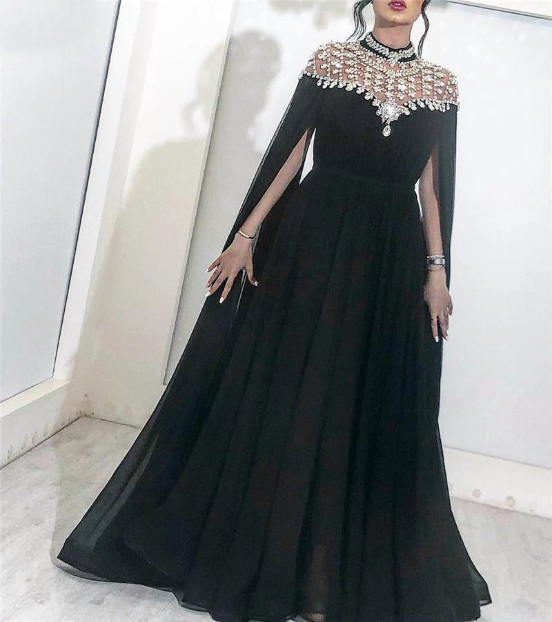 Black Muslim Evening Dresses 2022 High Neck Caped Crystals Chiffon Dubai Kftan Saudi Arabic Formal Evening Gown Long Prom Dress