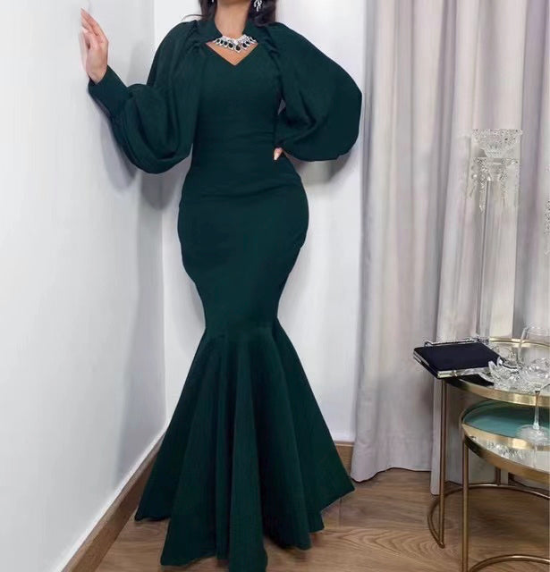 Mermaid Evening Dresses Dark Green Satin Puffy Sleeves V-Neck Formal Prom Gowns Long Robe De Soirée 2022