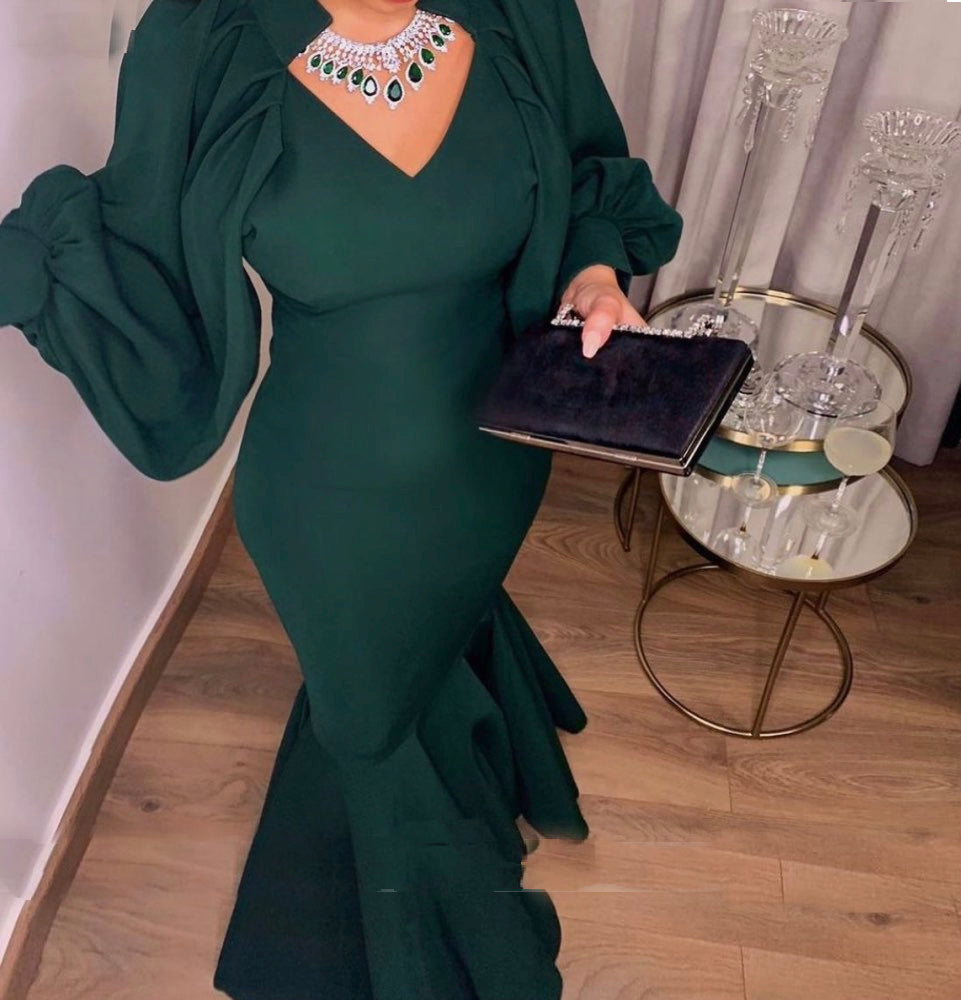 Mermaid Evening Dresses Dark Green Satin Puffy Sleeves V-Neck Formal Prom Gowns Long Robe De Soirée 2022