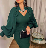 Mermaid Evening Dresses Dark Green Satin Puffy Sleeves V-Neck Formal Prom Gowns Long Robe De Soirée 2022