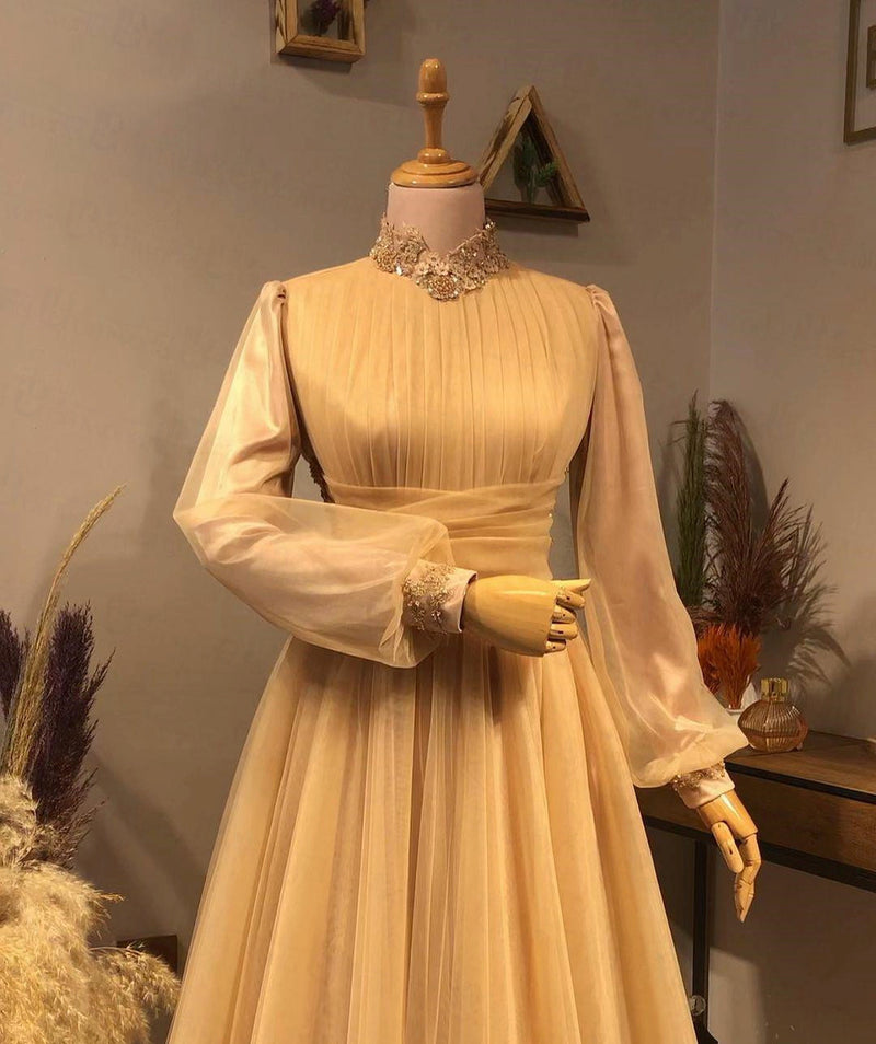 Lavender Dubai A-Line Wedding Evening Dresses Muslim 2022 Vintage Tulle Long Sleeves Formal Prom Party Gowns