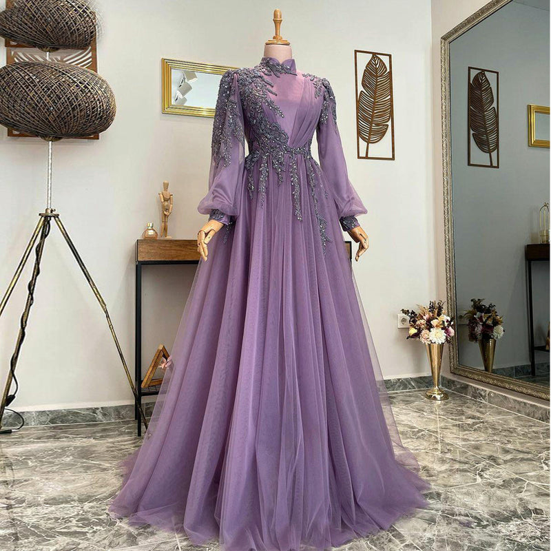 Purple Muslim Evening Dresses Long Luxury 2022 Beading Lace A-Line Tulle Prom Gowns for Women Party Formal with Long Sleeves