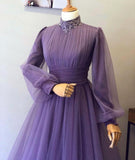 Purple Muslim Evening Dresses Long Luxury 2022 Beading Lace A-Line Tulle Prom Gowns for Women Party Formal with Long Sleeves
