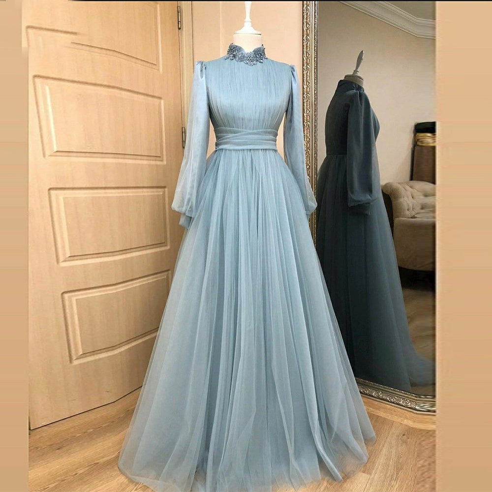 Light Green A-Line Muslim Evening Dresses High Neck Lace Tulle Long Sleeve Wedding Guest Formal Party Prom Gowns 2022