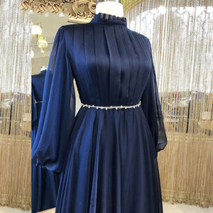 Navy Blue Muslim Evening Dresses Long Sleeves A-Line Women Formal Gowns 2022 Crystal Chiffon Prom Dress Robes De Soirée