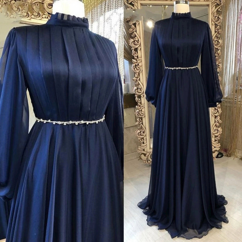 Navy Blue Muslim Evening Dresses Long Sleeves A-Line Women Formal Gowns 2022 Crystal Chiffon Prom Dress Robes De Soirée