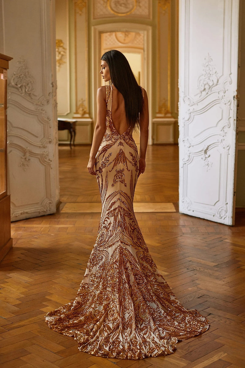 Maurita V-Neck Mermaid Gold Sequins Prom Dresses Backless Party Dresses