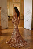 Maurita V-Neck Mermaid Gold Sequins Prom Dresses Backless Party Dresses
