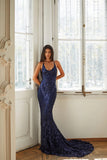 Ramona Navy V-Neck Mermaid Sequins Lace Up Prom Dresses Party Dresses