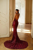 Ramona Burgundy V-Neck Mermaid Sequins Lace Up Prom Dresses Party Dresses