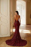 Ramona Burgundy V-Neck Mermaid Sequins Lace Up Prom Dresses Party Dresses