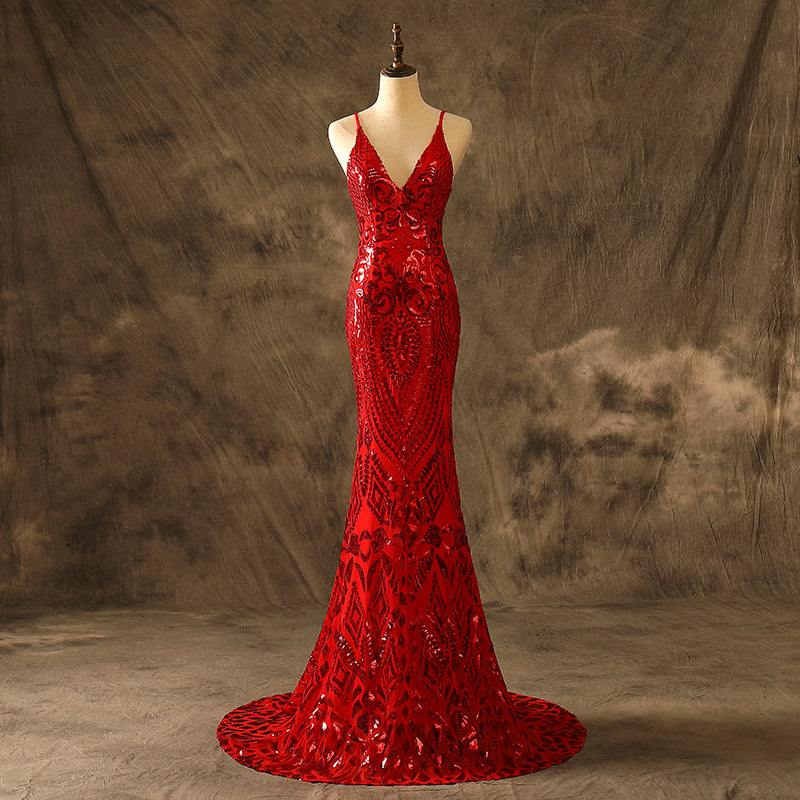 Sexy V Neck Mermaid Red Sequins Prom Dresses Adjustable Straps Party Dresses