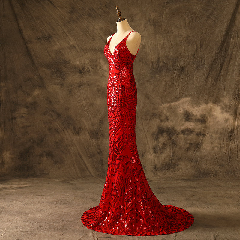Sexy V Neck Mermaid Red Sequins Prom Dresses Adjustable Straps Party Dresses