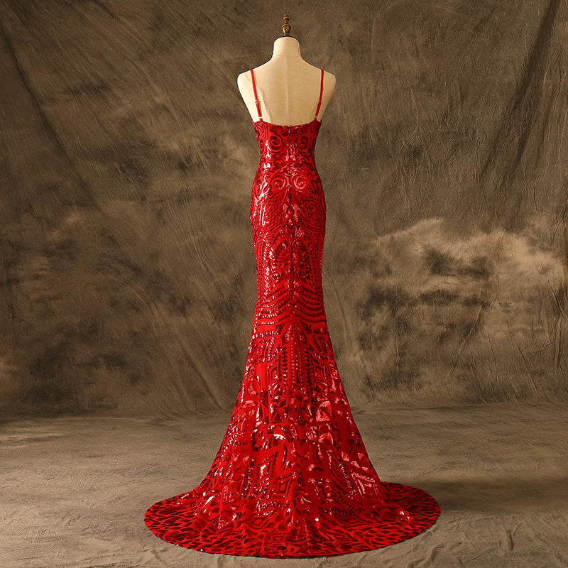 Sexy V Neck Mermaid Red Sequins Prom Dresses Adjustable Straps Party Dresses
