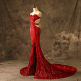 Sexy Sweetheart Mermaid Red Sequins Prom Dresses Backless Party Dresses