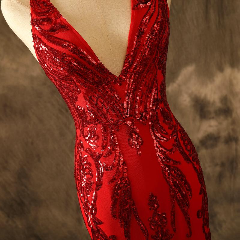 Sexy Deep V Neck Mermaid Red Luxe Sequins Prom Dresses Lace Up Party Dresses