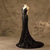 Sexy V-Neck Mermaid Black Sequins Prom Dresses Backless Party Dresses