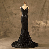 Sexy V-Neck Mermaid Black Sequins Prom Dresses Backless Party Dresses