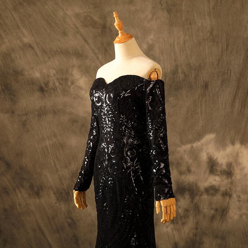 Sexy Off Shoulder Mermaid Black Sequins Prom Dresses Long Sleeves Party Dresses