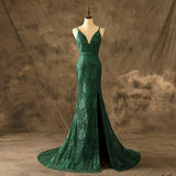 Sexy V Neck Mermaid Emerald Lace Prom Dresses Backless Party Dresses